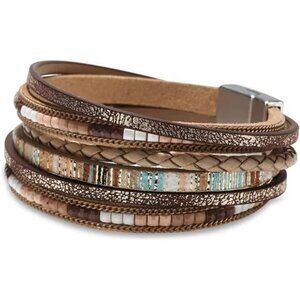 Women Leather Wrap Boho Leopard Multi-Layer Crystal‎ Beads Cuff Bracelet Jewelry